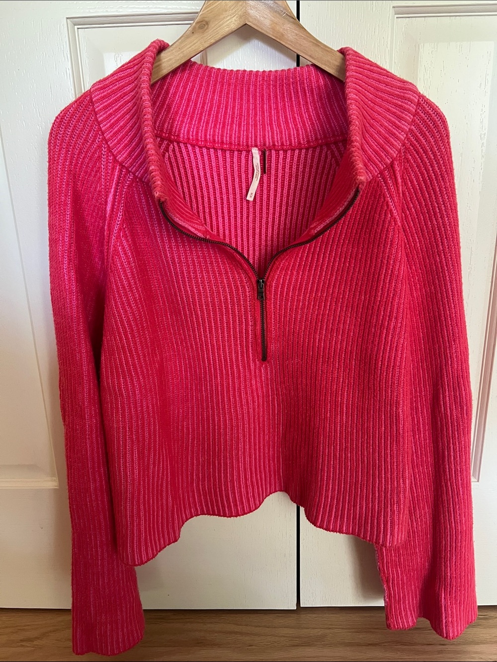 Free People Ribbed Half-Zip Sweater in Bright Pink